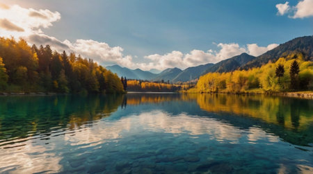 panoramic view of alpine lake in autumn with reflections in water
