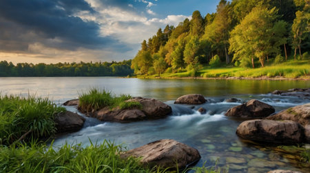 Beautiful summer landscape. Mountain river in the forest at sunset.