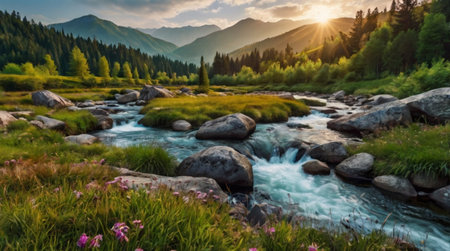 mountain river at sunset. beautiful summer landscape with a mountain river