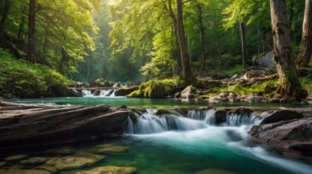 Mountain river in the forest. Beautiful summer landscape. Panorama