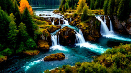 Mountain river and waterfall in the autumn forest. Beautiful landscape.の写真素材