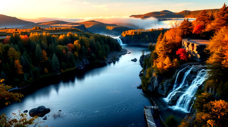 Autumn landscape with a river and mountains in the background at sunset