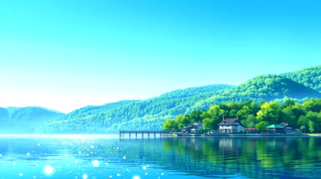 Landscape of the lake and mountains in the morning. 3d renderingの写真素材