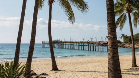 Palm trees on the beach with a pier in the background.の写真素材