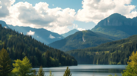 Panoramic view of a mountain lake with mountains in the backgroundの写真素材
