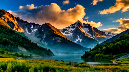 Mountain lake in the mountains at sunset. Panoramic viewの写真素材