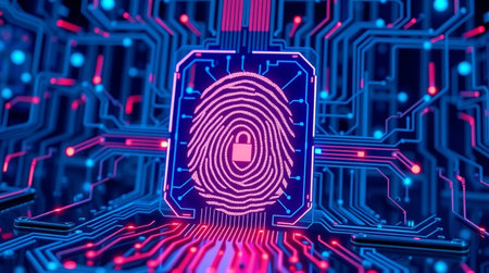 Fingerprint scan on computer circuit board background. Cyber security concept. 3d illustrationの写真素材