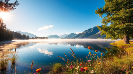 Mountain lake in the morning mist. Beautiful summer landscape with lake.