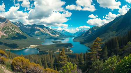 Panoramic view of the lake and mountains in the Canadian Rockiesの写真素材