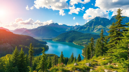 Beautiful mountain lake in the mountains at sunset. Picturesque summer landscape.の写真素材