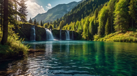 Panoramic view of a beautiful waterfall in the Swiss Alps.