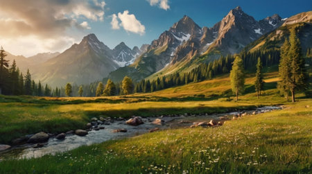 Beautiful mountain landscape with a mountain river and a green meadowの写真素材