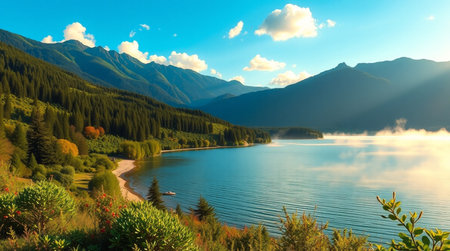 Mountain lake in the morning. Beautiful nature landscape with mountains and clouds.の写真素材