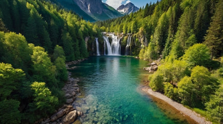 Waterfall in the mountains on a sunny day. Beautiful landscape.の写真素材