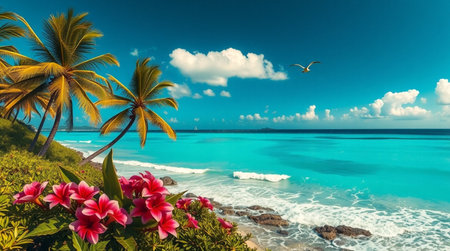 Tropical beach with palm trees and flowers, Seychellesの写真素材