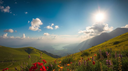 Mountain landscape with flowers. Panoramic view of the mountain range
