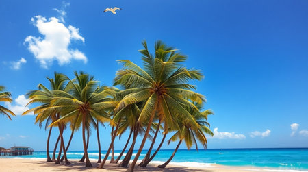 Coconut palm trees on tropical beach at Seychellesの写真素材