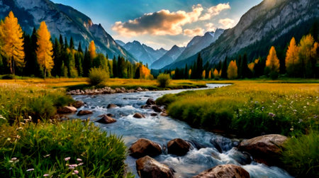 Panoramic view of alpine valley and mountain river at sunset