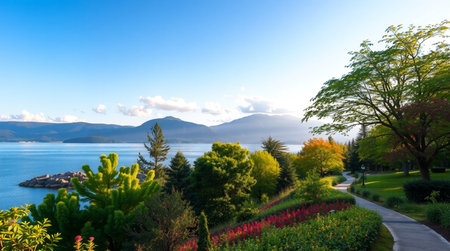 Lake Maggiore, Italy. Panoramic view of Lake Maggiore.の写真素材