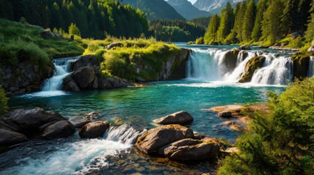 Waterfall in the mountains. Beautiful summer landscape with a waterfall.の写真素材