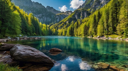 Beautiful mountain lake in the Dolomites, South Tyrol, Italyの写真素材