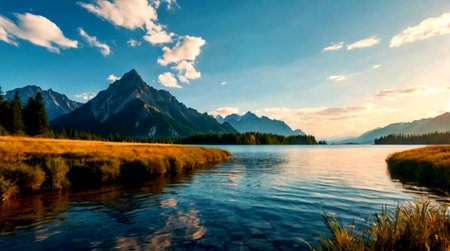 Beautiful panoramic view of a national park, showcasing majestic mountains and serene waters.