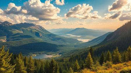 Panoramic view of the lake and mountains at sunset. Beautiful summer landscape.