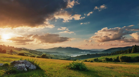 Majestic sunset in the mountains landscape. Dramatic sky. Carpathian, Ukraine, Europe. Beauty world.