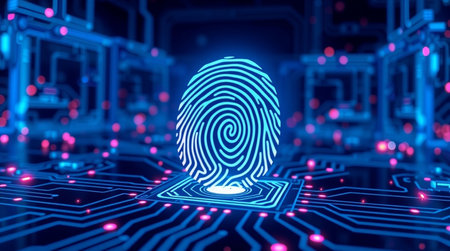 Fingerprint scan provides security access with biometrics identification. 3d rendering