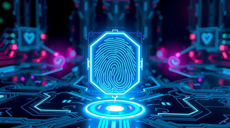 Fingerprint scan provides security access with biometrics identification. 3d rendering