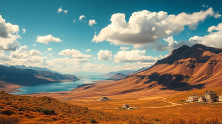 Panoramic view of Lake Tekapo in autumn, New Zealandの写真素材
