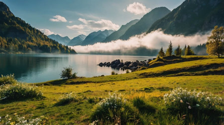 Panoramic view of the lake in the morning mist. Beautiful summer landscape.の写真素材