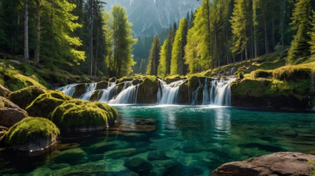 A beautiful waterfall in the Dolomites, Italyの写真素材