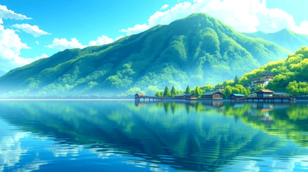 Landscape of lake and mountain with blue sky and cloud background.の写真素材