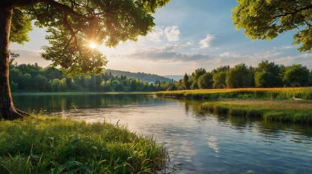 Beautiful summer landscape with river, forest and blue sky at sunsetの写真素材