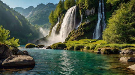 Panoramic view of a beautiful waterfall in the Swiss Alps.