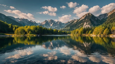 Panoramic view of alpine lake with reflection of mountains and cloudsの写真素材