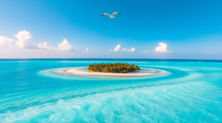 Aerial view of small uninhabited island in Maldives with few palm trees and seagullの写真素材