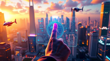 Businessman hand using digital hologram with flying drone and cityscape background
