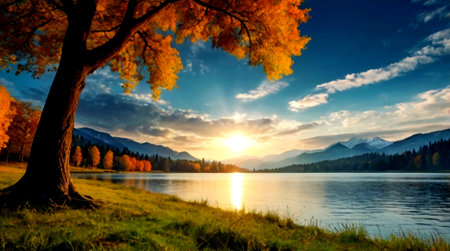 Beautiful autumn landscape with lake and forest. Panoramic viewの写真素材
