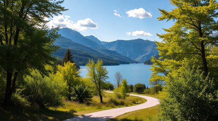 Beautiful view of lake in the mountains on a sunny day.の写真素材