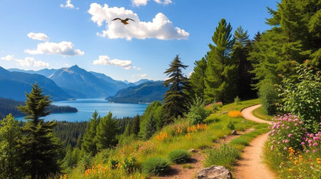 Panoramic view of Lake Louise, Switzerland. Summer landscape.