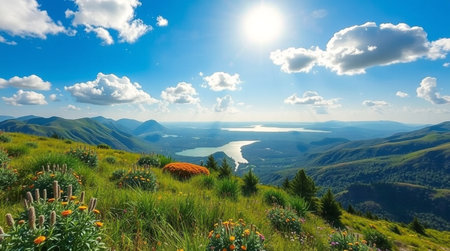 Mountain landscape. Panoramic view of the lake and mountainsの写真素材