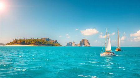 Sailing boat in turquoise sea at sunny dayの写真素材
