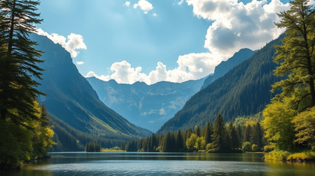 Landscape view of a mountain lake surrounded by trees and mountains.の写真素材