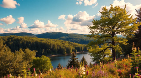 Panoramic view of the mountain lake in the Carpathians