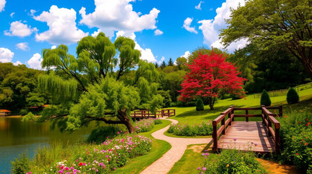 Wooden bridge over a lake in a beautiful park with colorful flowersの写真素材