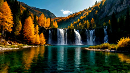 Waterfall in the mountains. Beautiful autumn landscape. Mountain river.