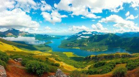 Panoramic view of the lake and the mountains on a sunny dayの写真素材