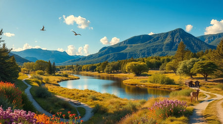 Beautiful summer landscape with lake and mountains in the background, Russiaの写真素材